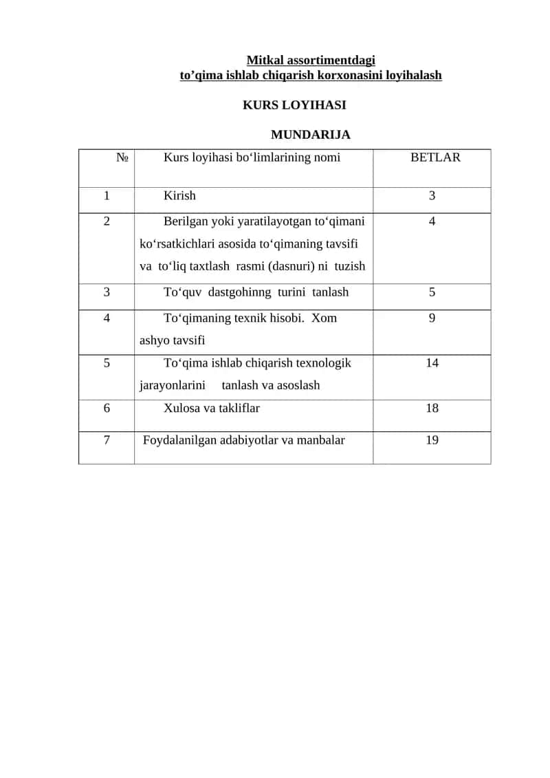 Mitkal assortimentdagi to’qima ishlab chiqarish korxonasini loyihalash kurs ishi 1