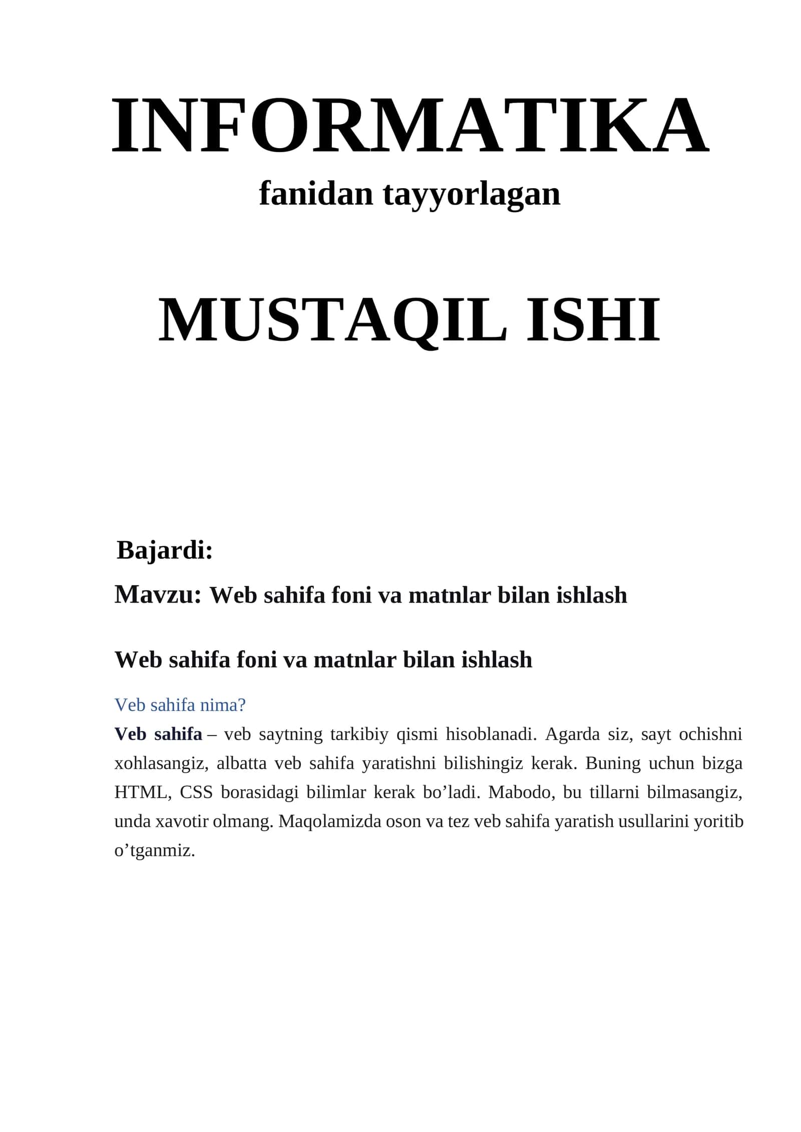 Web sahifa foni va matnlar bilan ishlash 1