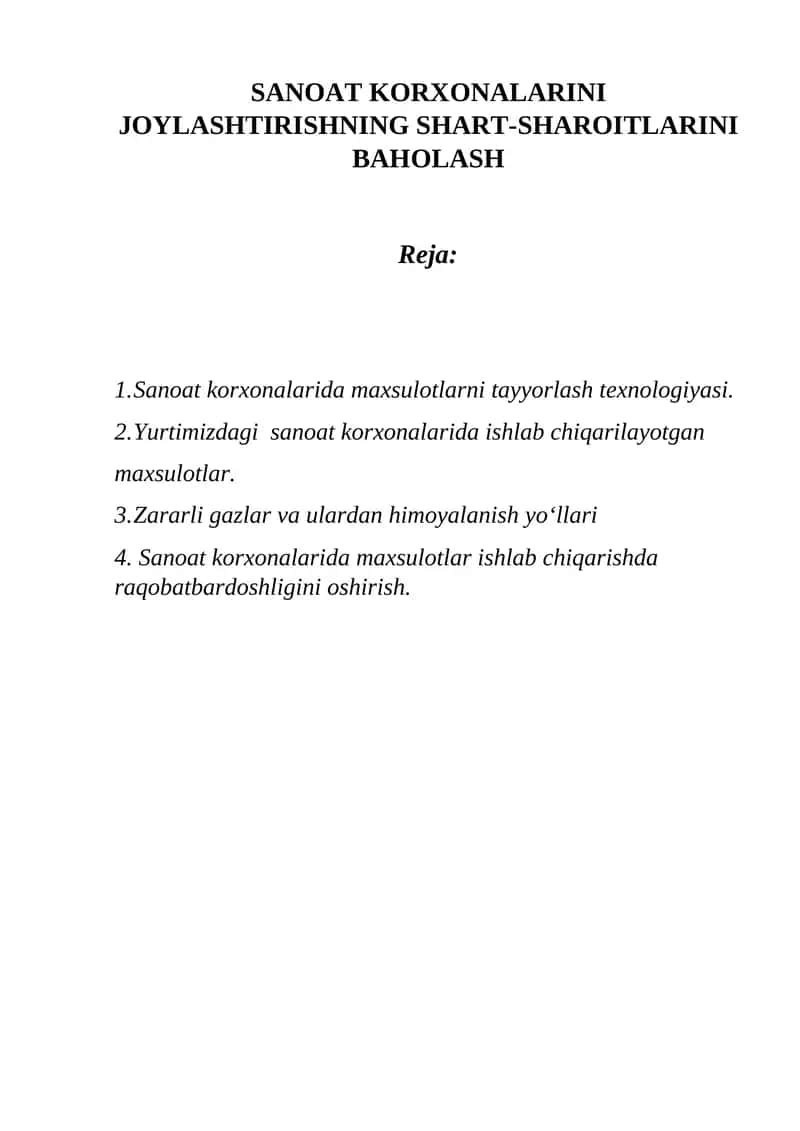 SANOAT KORXONALARINI JOYLASHTIRISHNING SHART-SHAROITLARINI BAHOLASH 1