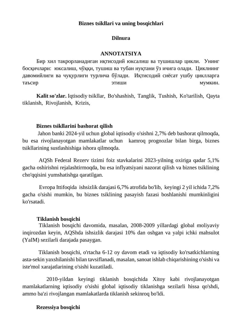 Biznes tsikllari va uning bosqichlari 1