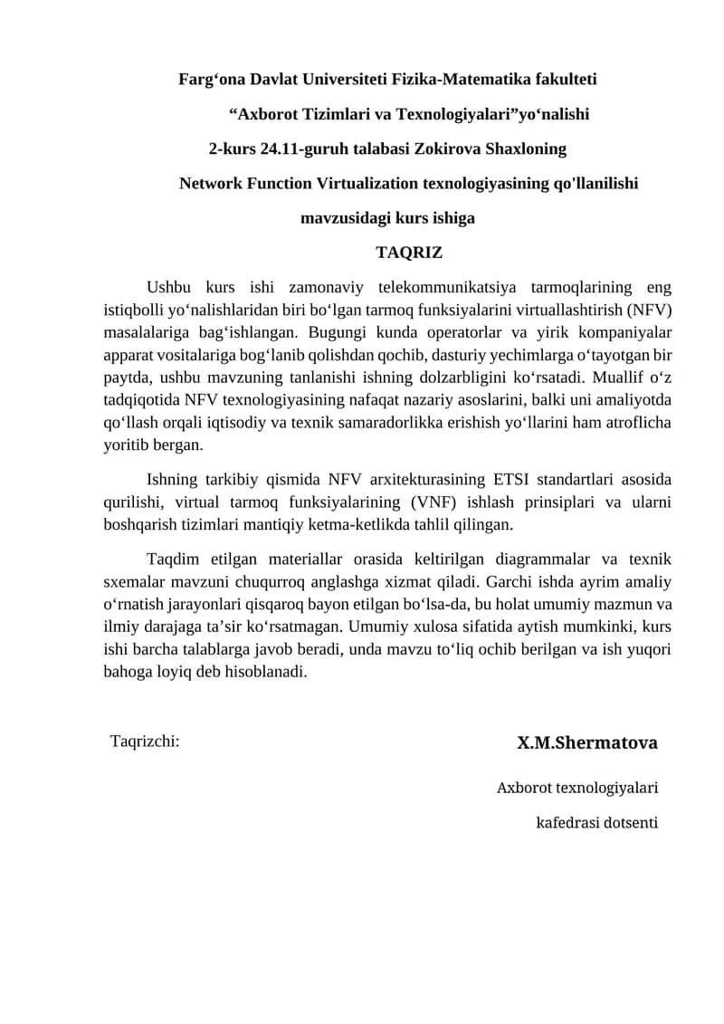 Network Function Virtualization texnologiyasining qo'llanilishi kurs ishi 1