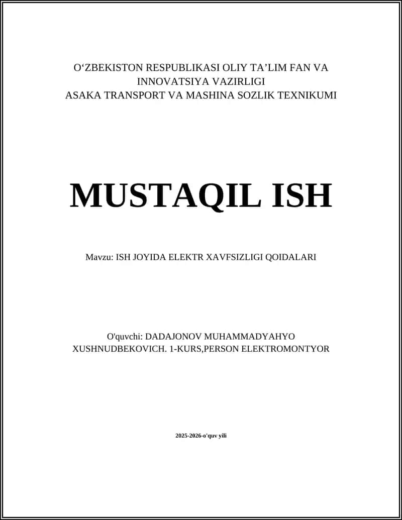 ISH JOYIDA ELEKTR XAVFSIZLIGI QOIDALARI 1