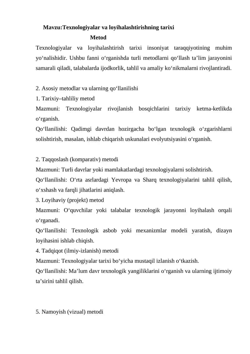 Texnologiyalar va loyihalashtirishning tarixi 1