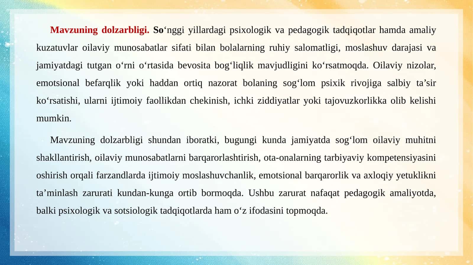 Mavzuning dolzarbligi 1