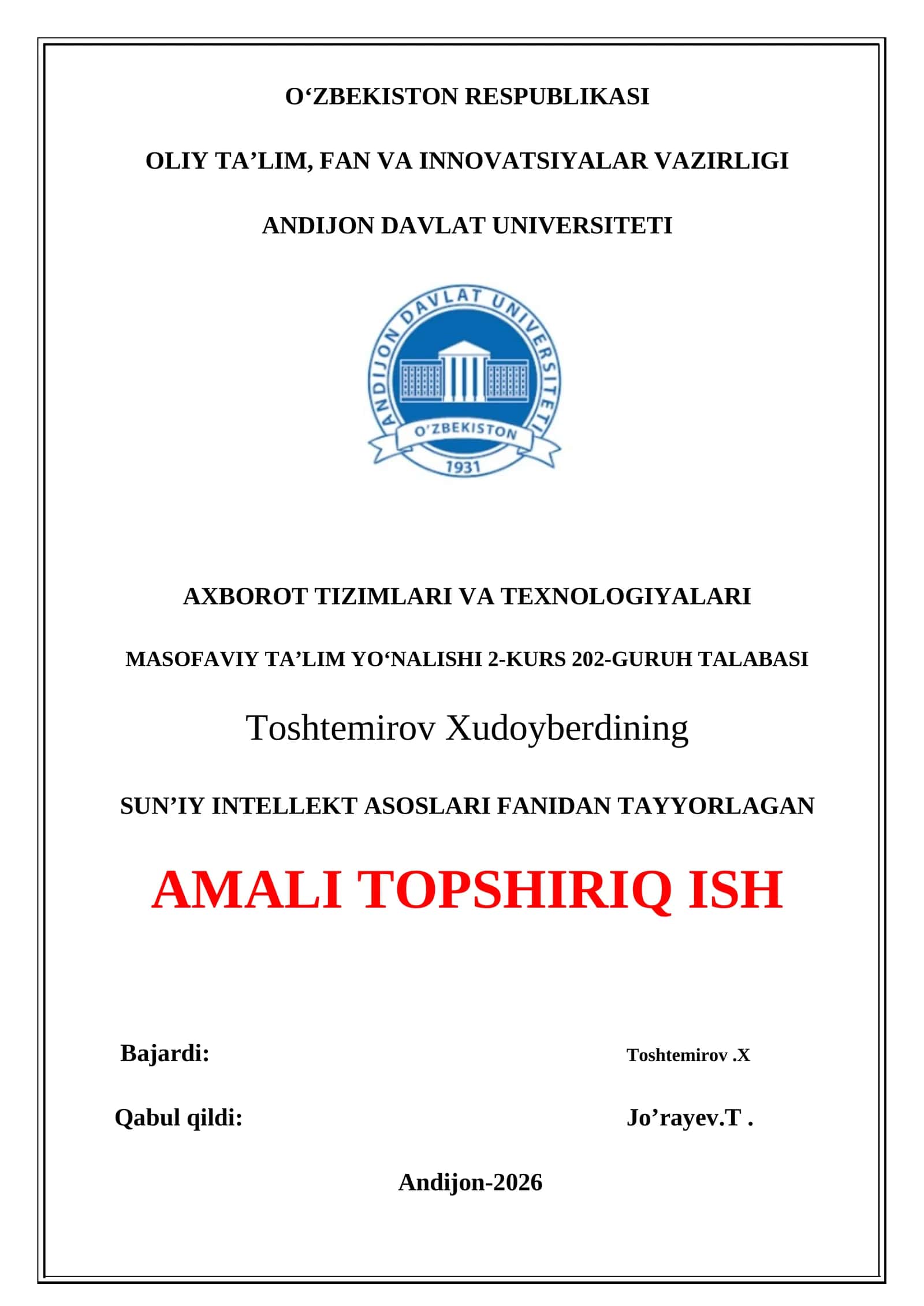 SUN’IY INTELLEKT ASOSLARI FANIDAN TAYYORLAGAN AMALI TOPSHIRIQ ISH 1