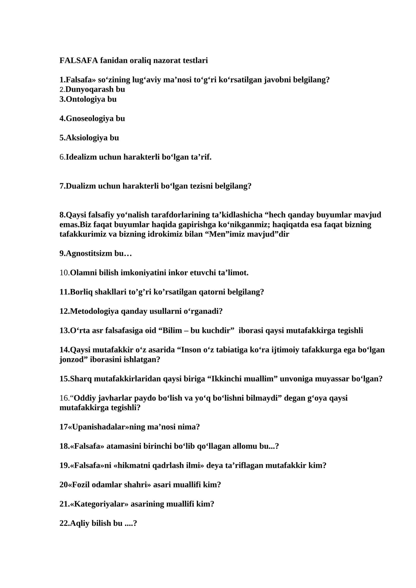 FALSAFA fanidan oraliq nazorat testlari 1