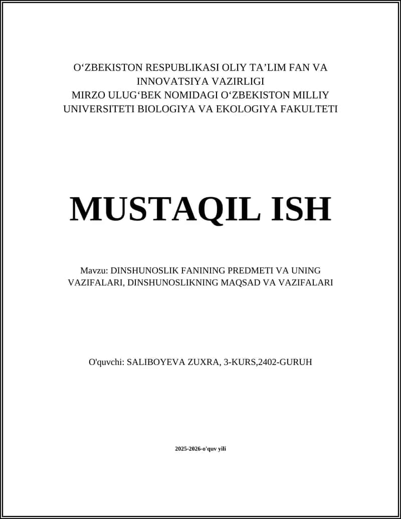 DINSHUNOSLIK FANINING PREDMETI VA UNING VAZIFALARI 1