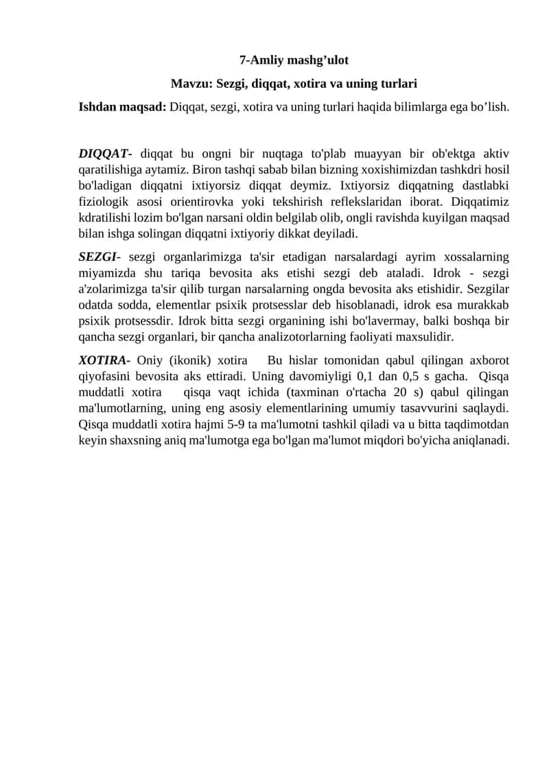 Sezgi, diqqat, xotira va uning turlari 1