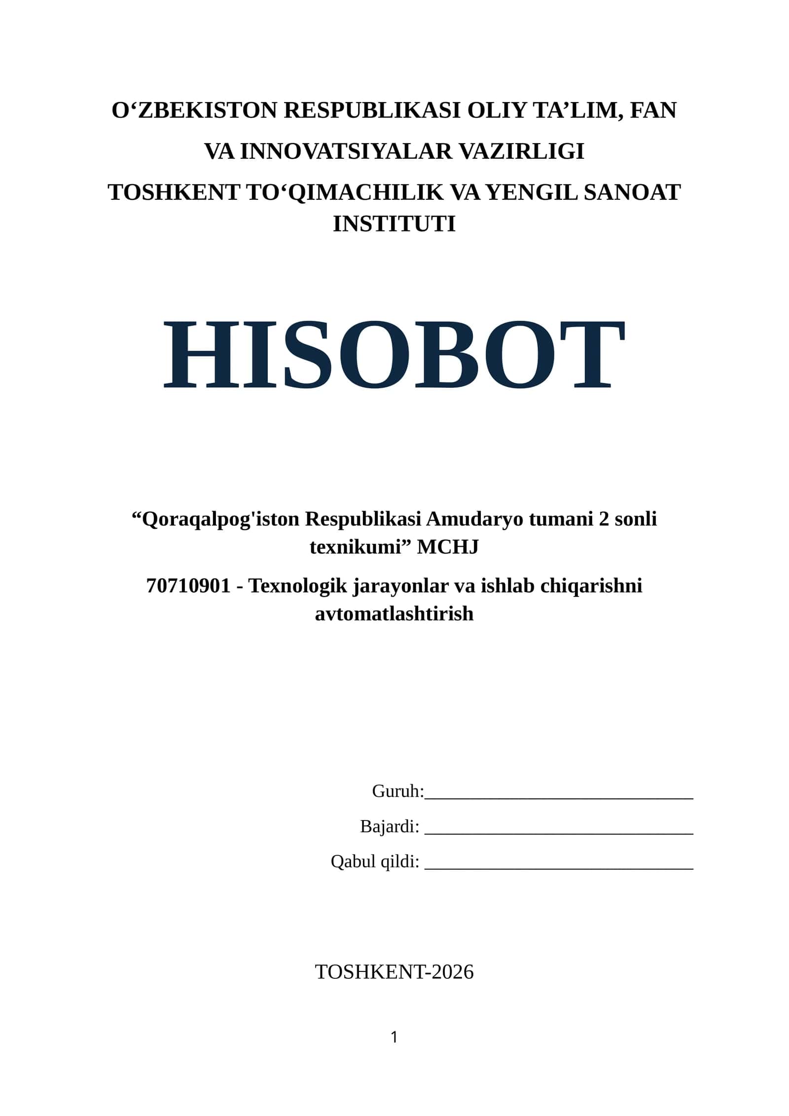 HISOBOT. TEXNIKUM TIKUVCHILIK BOʻYICHA 1