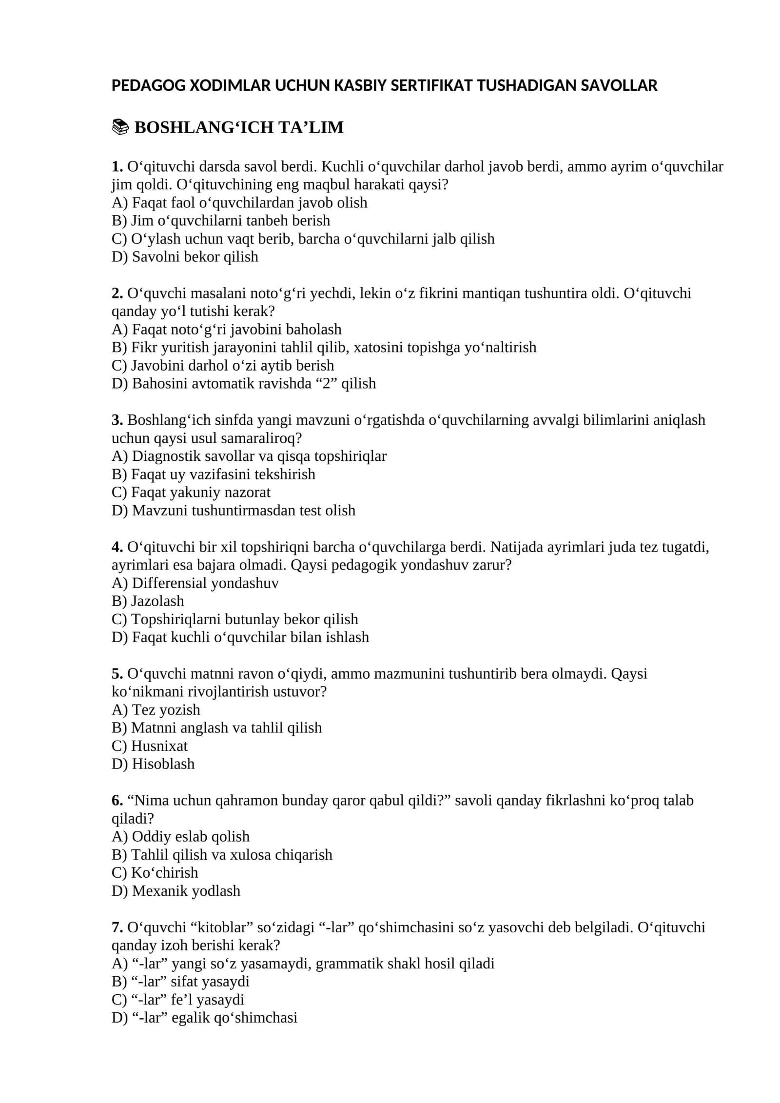 PEDAGOG XODIMLAR UCHUN KASBIY SERTIFIKAT TUSHADIGAN SAVOLLAR Boshlangich talim yonalishi uchun 1