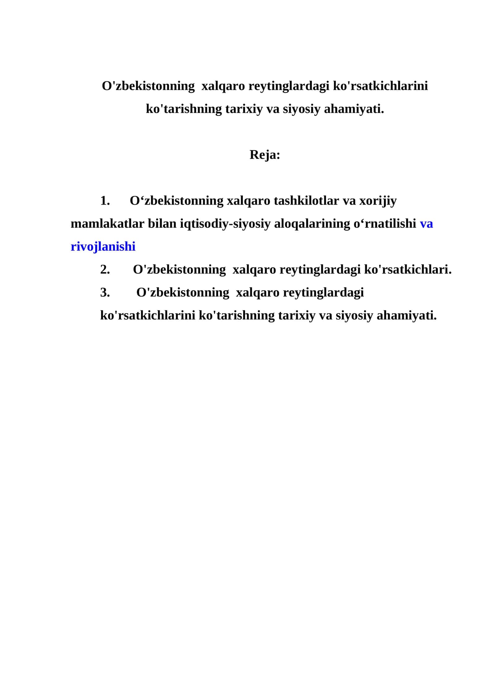 O'zbekistonning xalqaro reytinglardagi ko'rsatkichlarini ko'tarishning tarixiy va siyosiy ahamiyati 1
