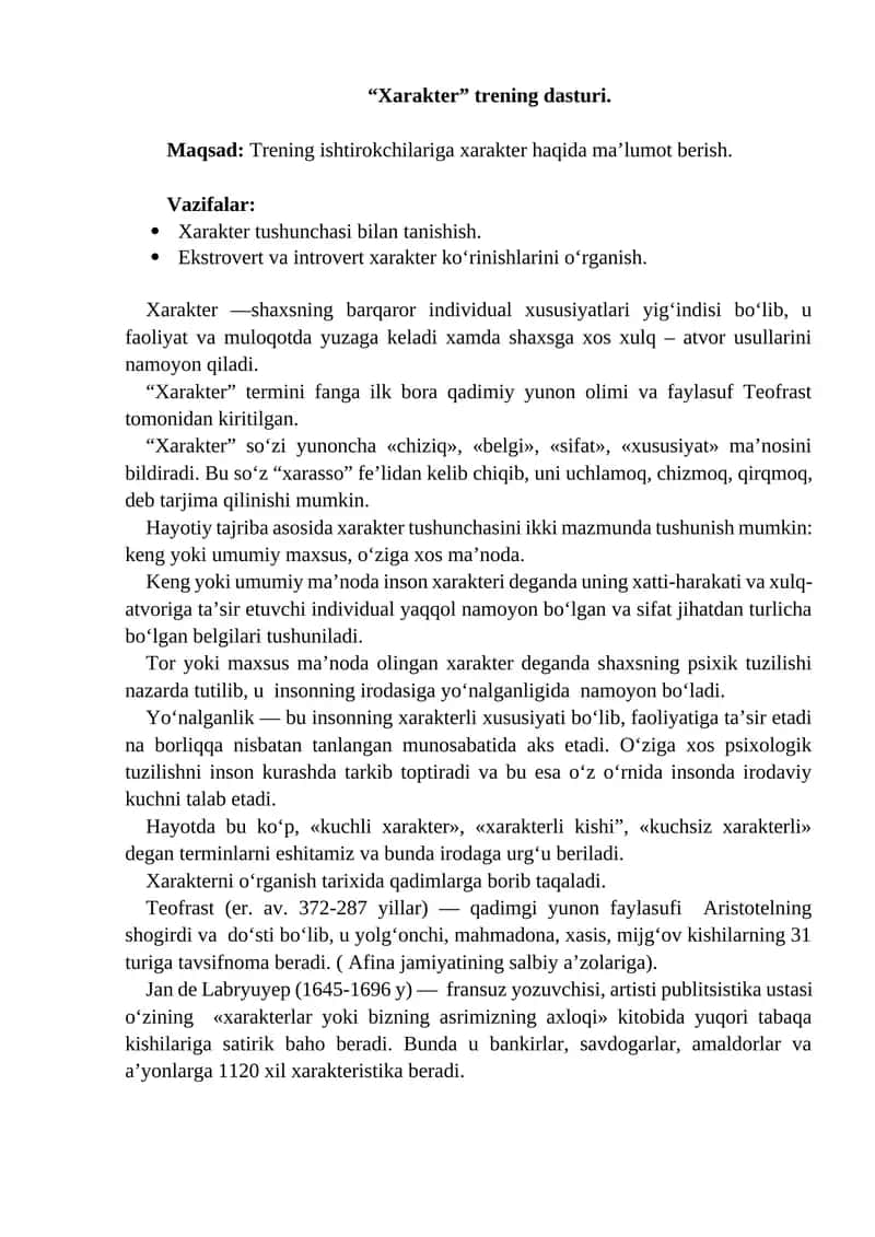 Xarakter trening dasturi 1