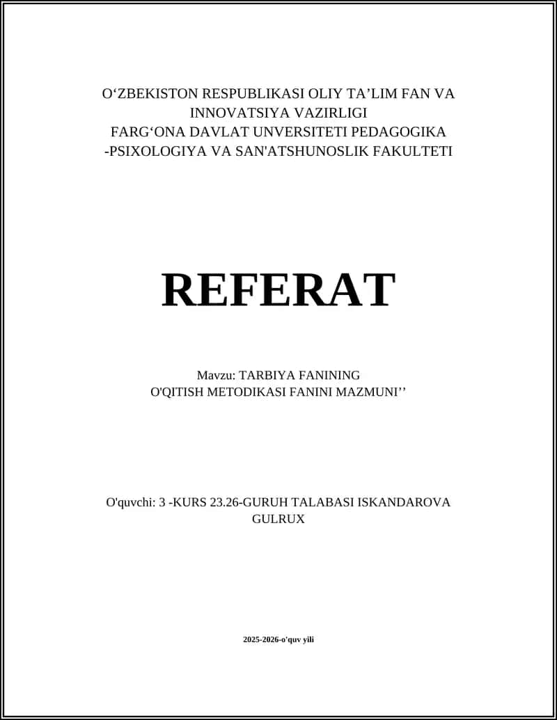 TARBIYA FANINING O'QITISH METODIKASI 1