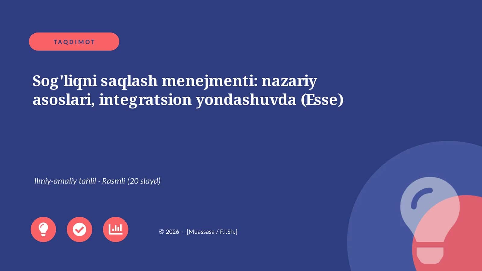 Sog'liqni saqlash menejmenti: nazariy asoslari, integratsion yondashuvda (Esse) 1