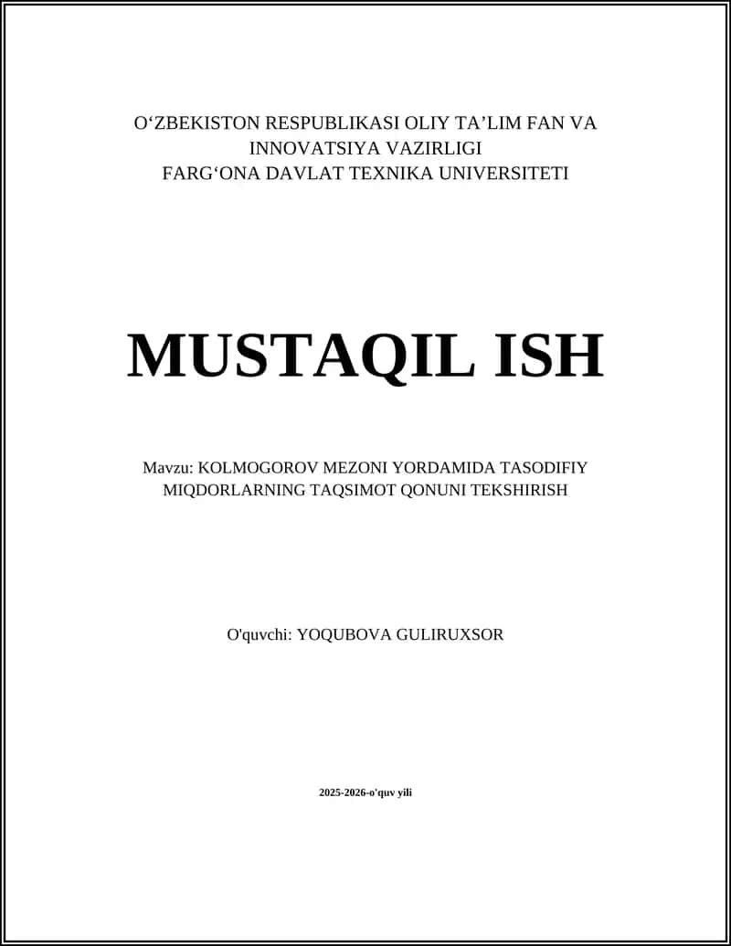 Kolmogorov Mezoni Yordamida Tasodifiy Miqdorlarning Taqsimot Qonuni Tekshirish 1