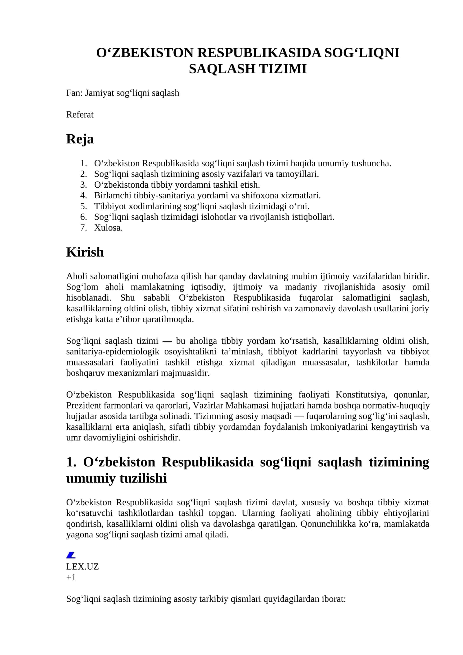 O‘ZBEKISTON RESPUBLIKASIDA SOG‘LIQNI SAQLASH TIZIMI 1