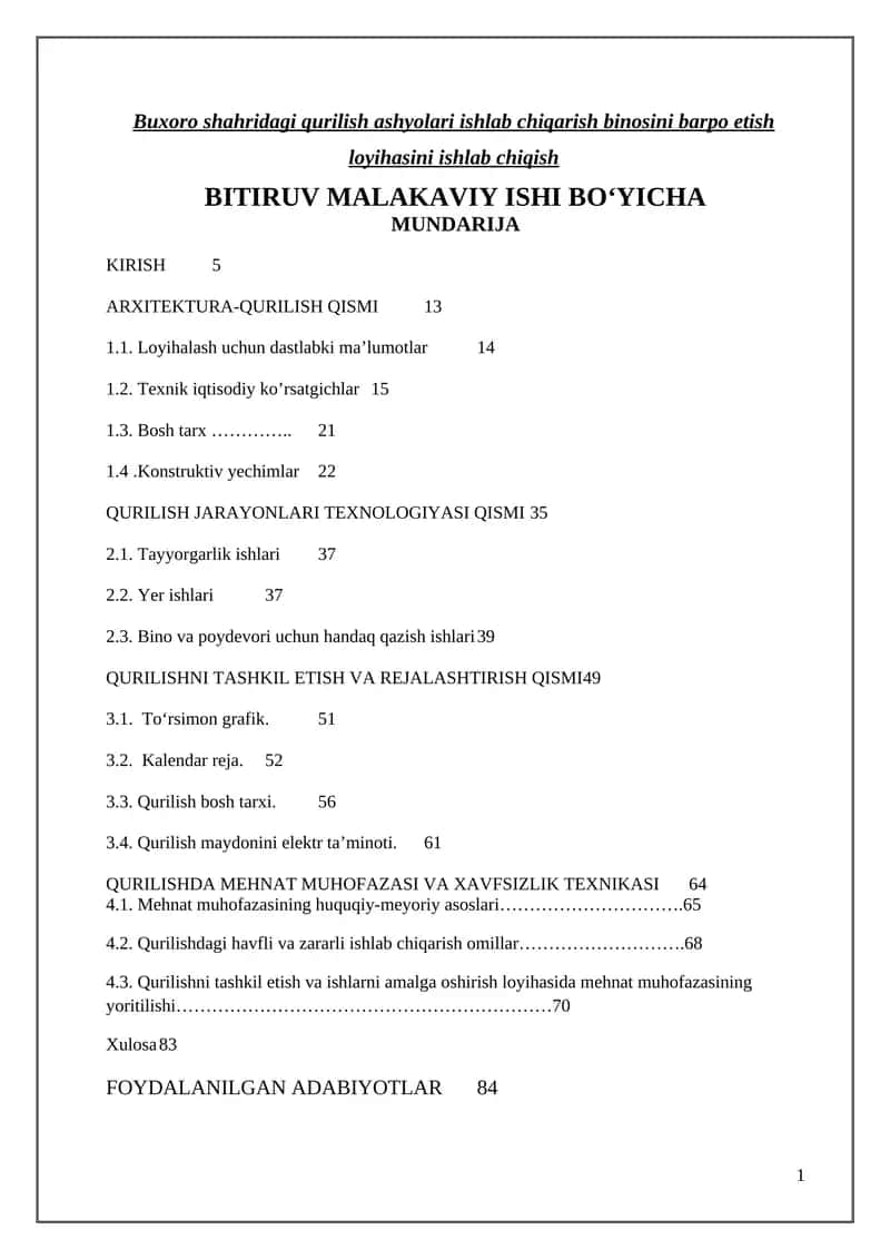 Buxoro shahridagi qurilish ashyolari ishlab chiqarish binosini barpo etish loyihasini 1