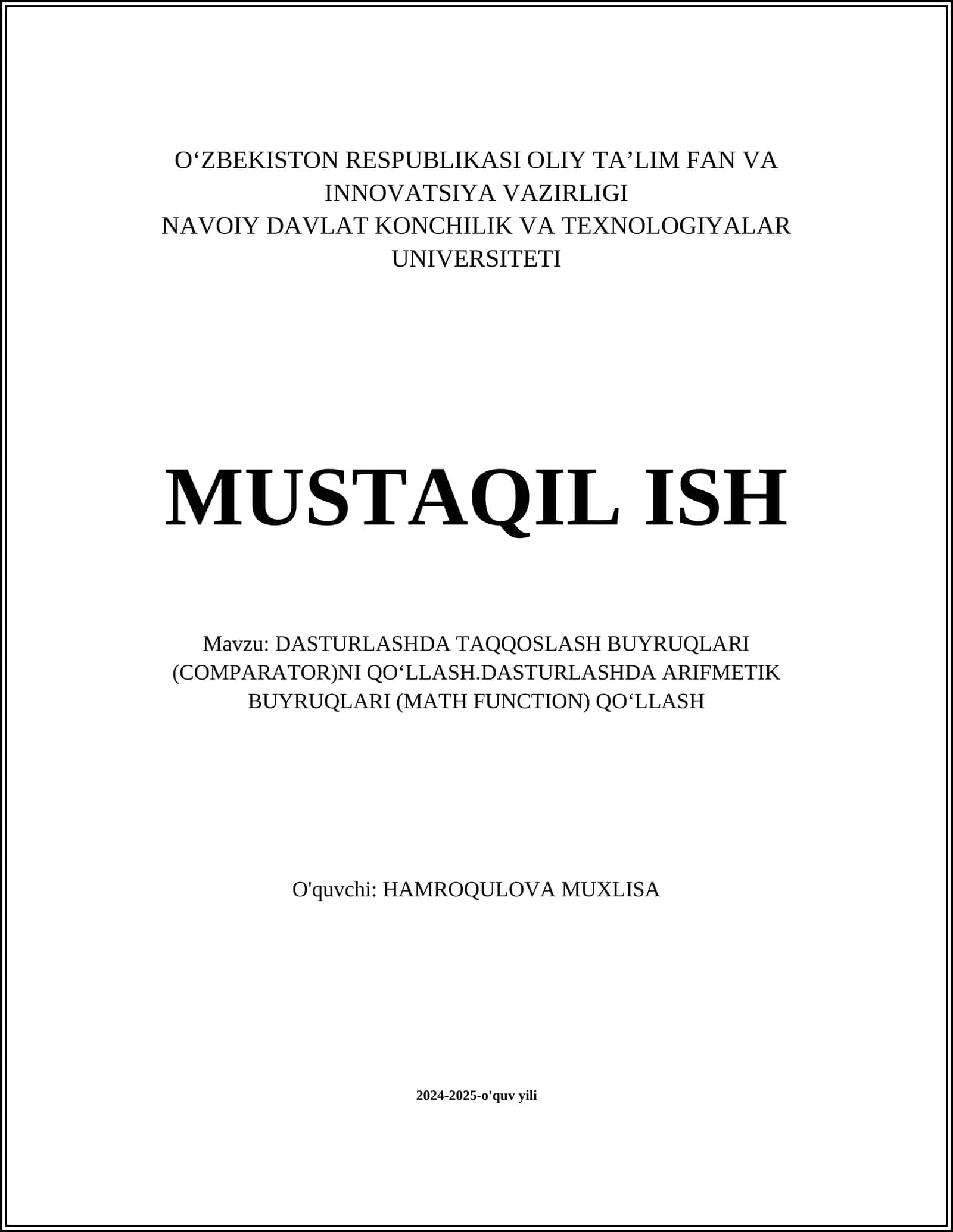 DASTURLASHDA TAQQOSLASH BUYRUQLARI (COMPARATOR)NI QOʻLLASH.DASTURLASHDA ARIFMETIK BUYRUQLARI (MATH FUNCTION) QOʻLLASH 1