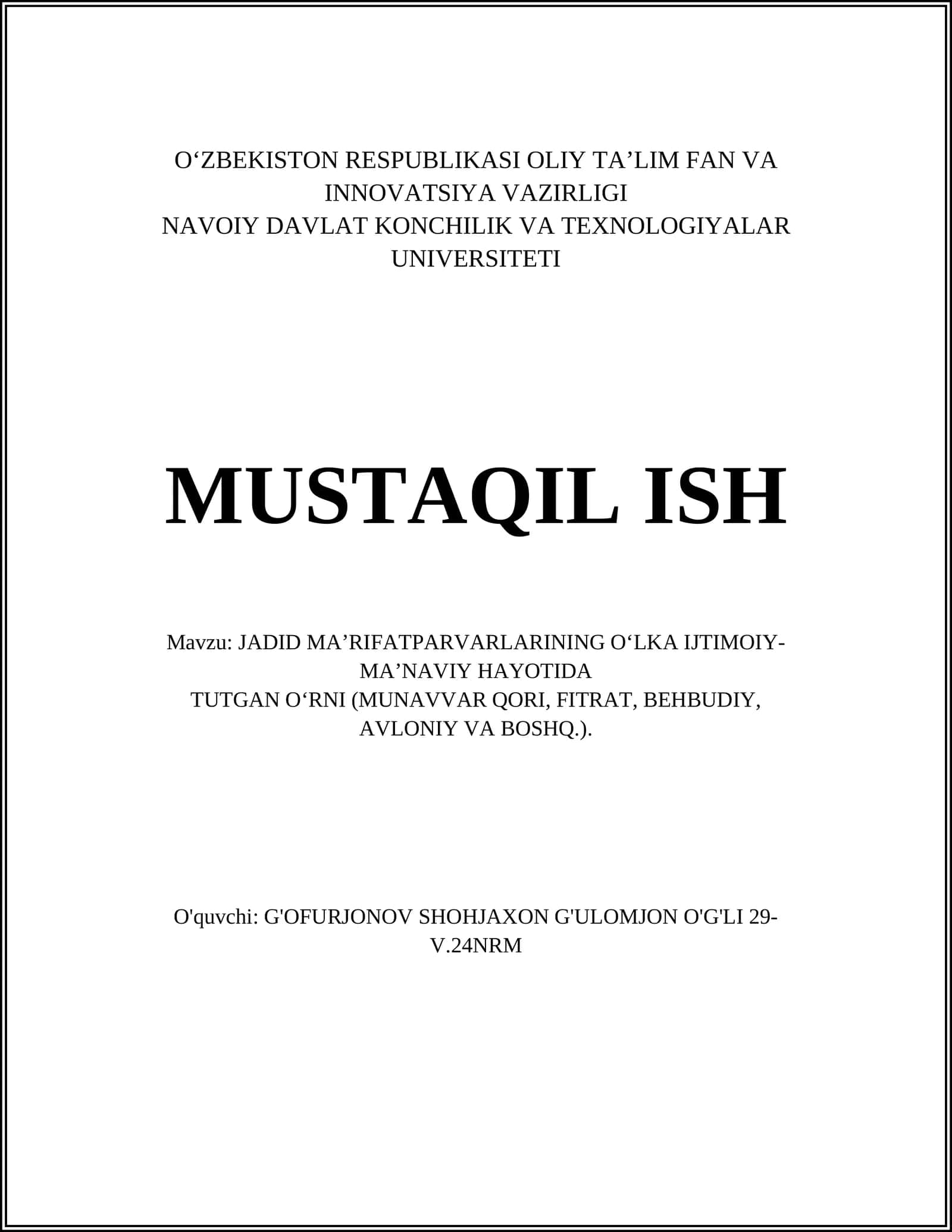 JADID MA’RIFATPARVARLARINING O‘LKA IJTIMOIY-MA’NAVIY HAYOTIDA TUTGAN O'RNI (MUNAVVAR QORI, FITRAT, BEHBUDIY, AVLONIY VA BOSHQ.) 1