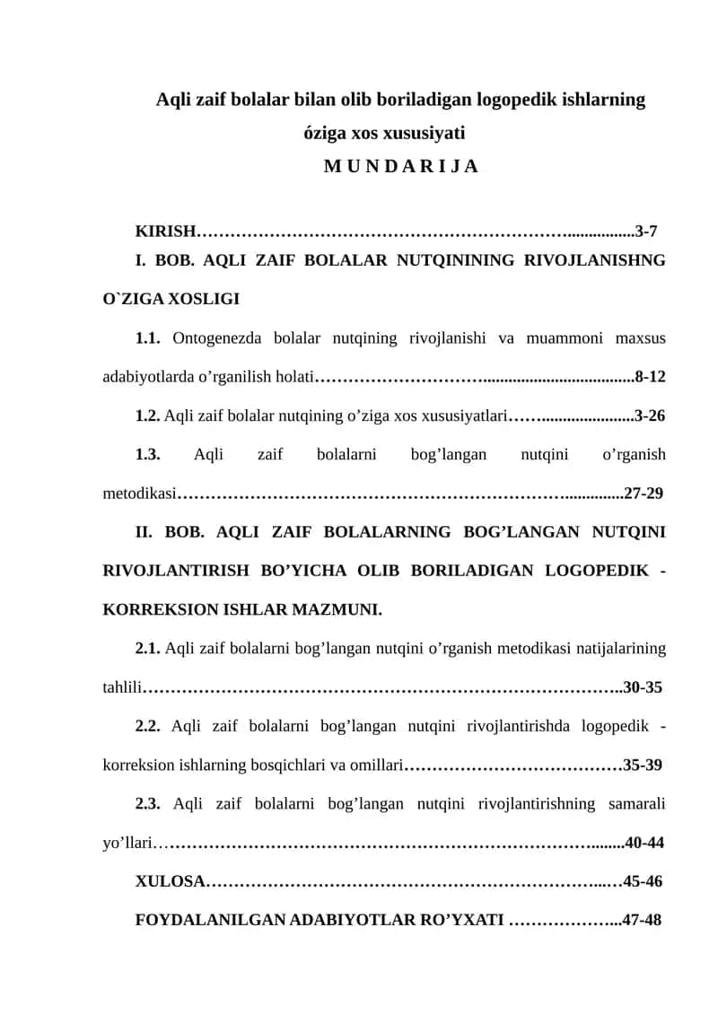 Aqli zaif bolalar bilan olib boriladigan logopedik ishlarning óziga xos xususiyati 1