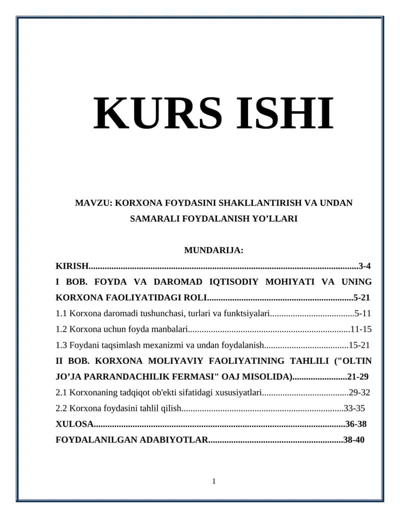 KORXONA FOYDASINI SHAKLLANTIRISH VA UNDAN SAMARALI FOYDALANISH YO’LLARI 1
