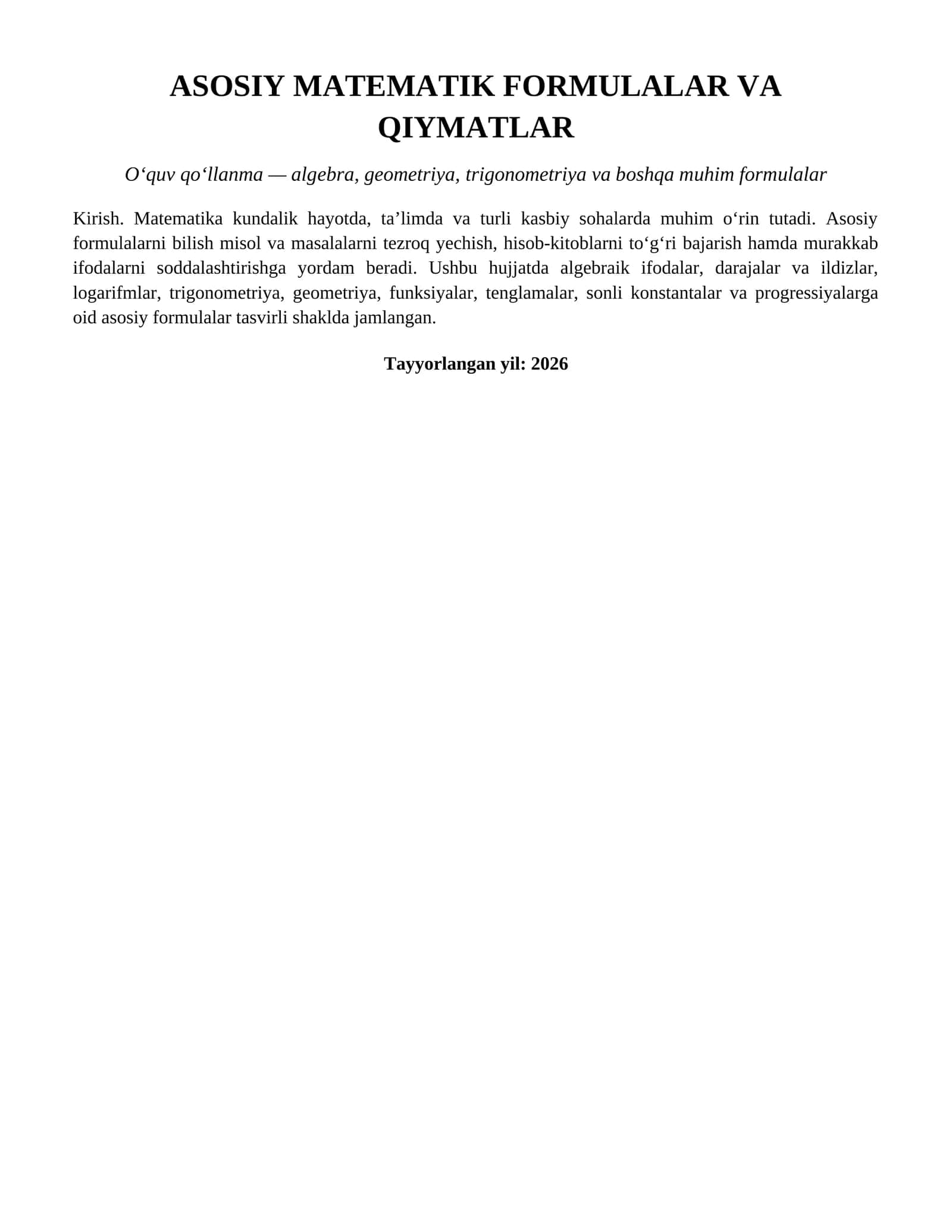 ASOSIY MATEMATIK FORMULALAR VA QIYMATLAR 1