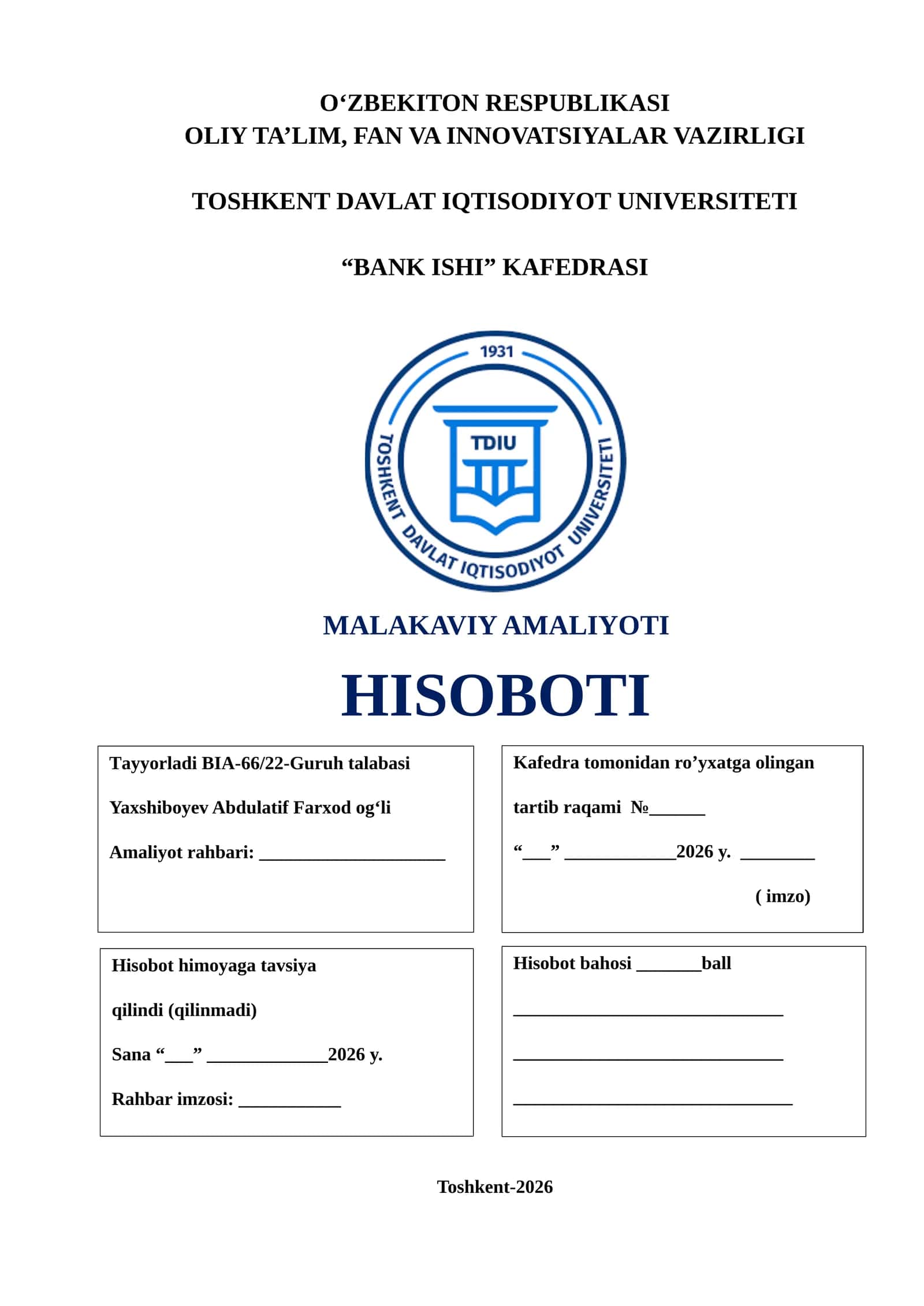 "TURONBANK" BXM MALAKAVIY AMALIYOTI HISOBOTI 1