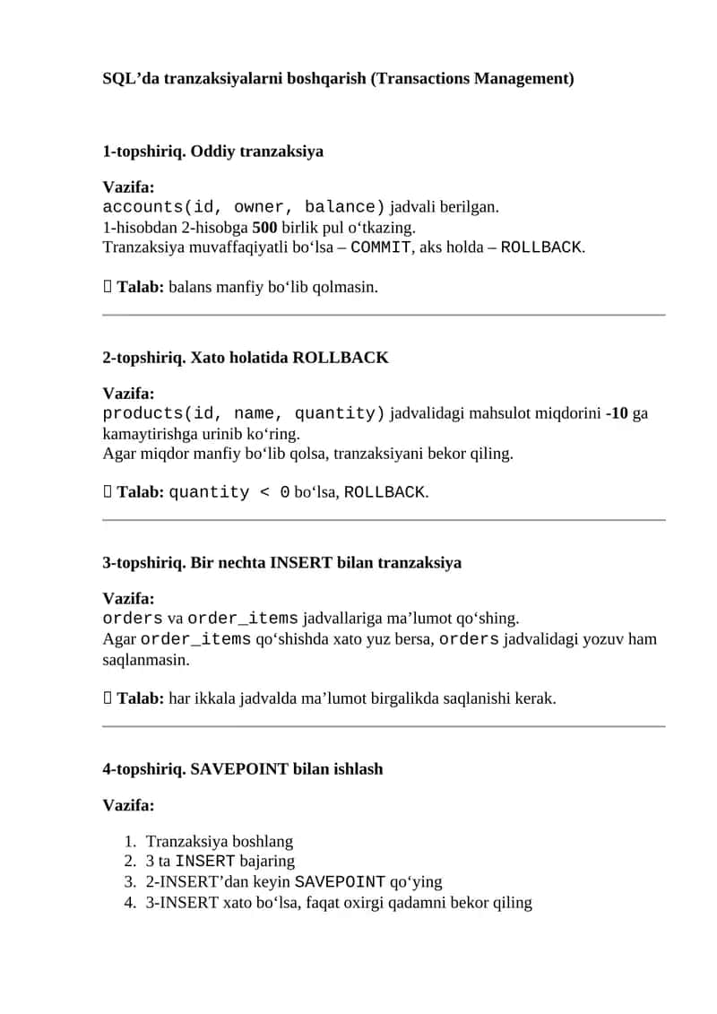 SQL’da tranzaksiyalarni boshqarish (Transactions Management) 1