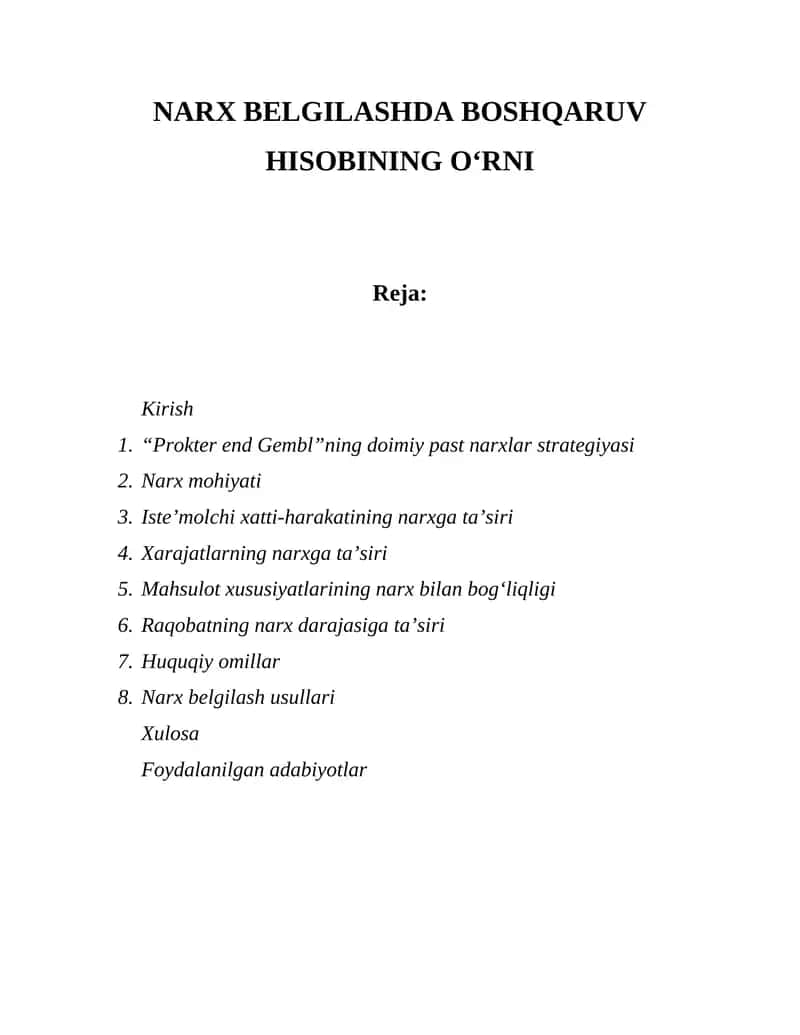 Narx belgilashda boshqaruv hisobi 1