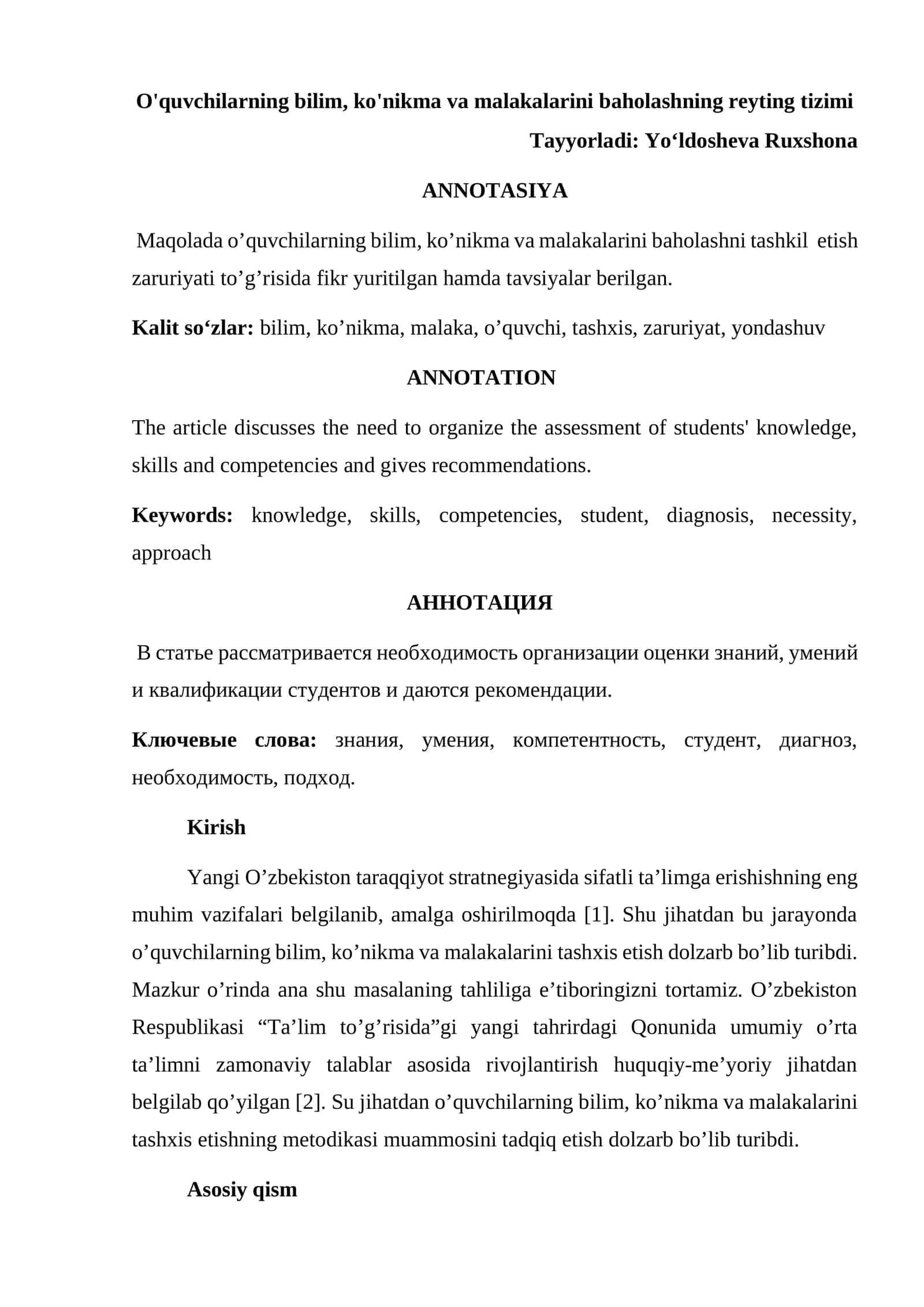 O'quvchilarning bilim, ko'nikma va malakalarini baholashning reyting tizimi 1
