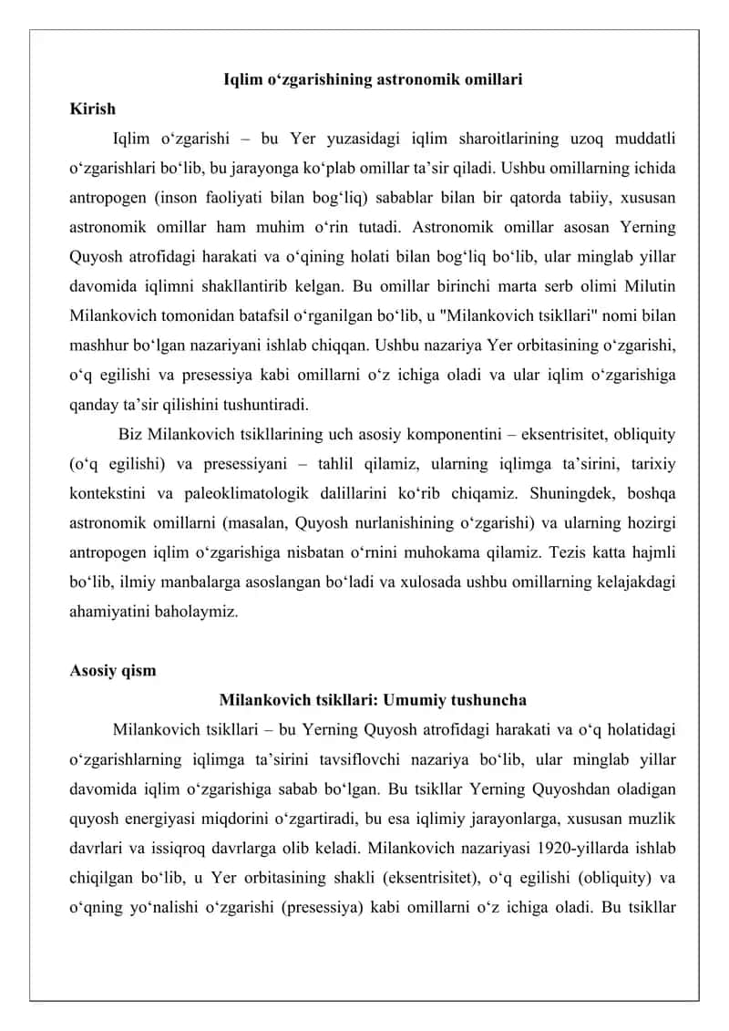 Iqlim o‘zgarishining astronomik omillari tezis 1