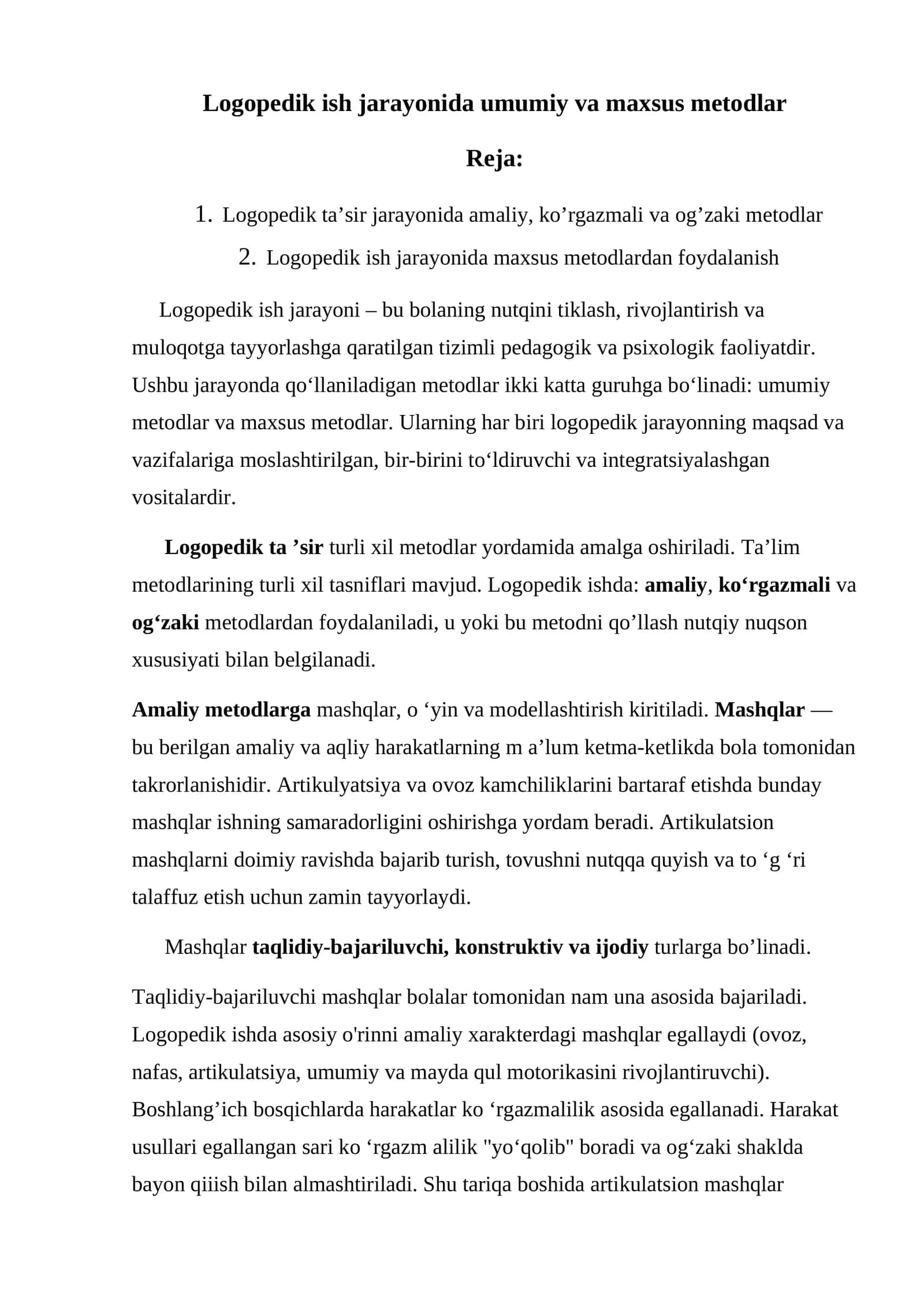 Logopedik ish jarayonida umumiy va maxsus metodlar 1