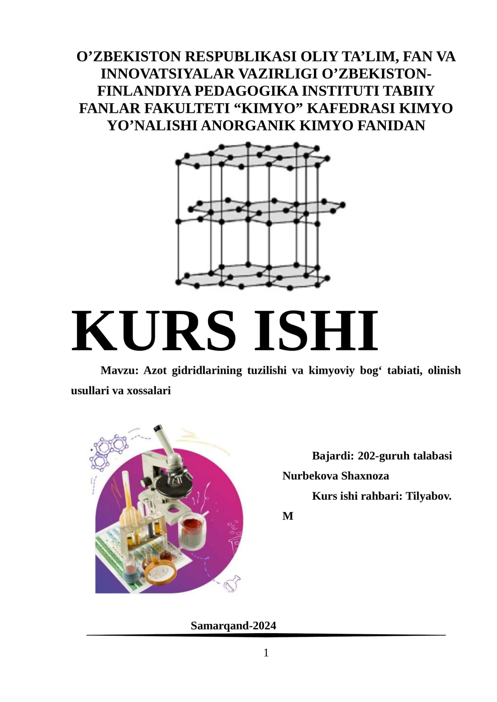 Azot gidridlarining tuzilishi va kimyoviy bog‘ tabiati kurs ishi 1