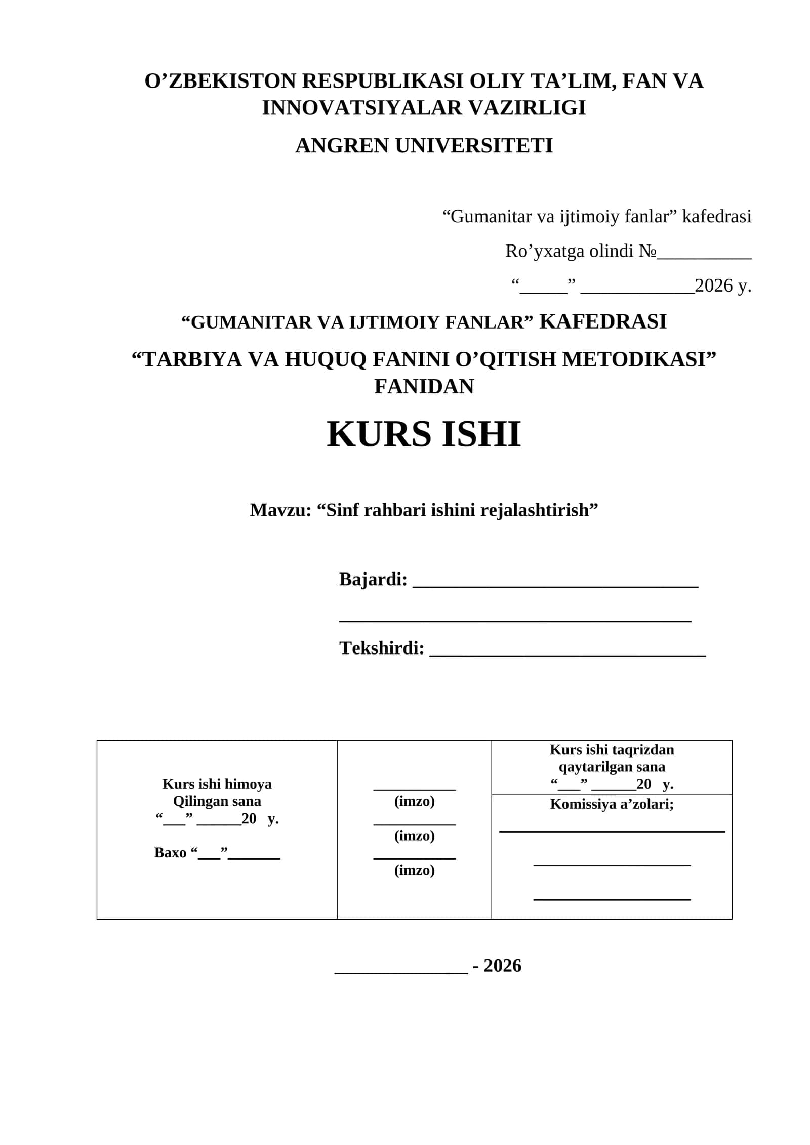 TARBIYA VA HUQUQ FANINI O’QITISH METODIKASI KURS ISHI 1