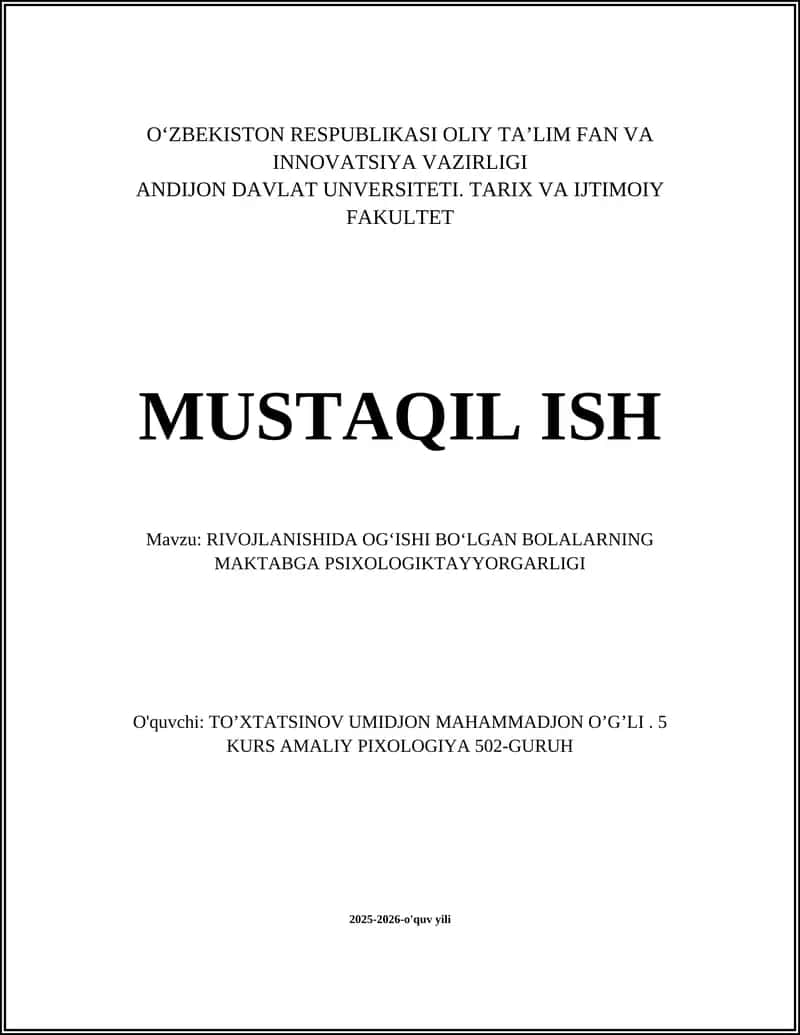 Rivojlanishida og‘ishi bo‘lgan bolalarning maktabga psixologik tayyorgarligi 1