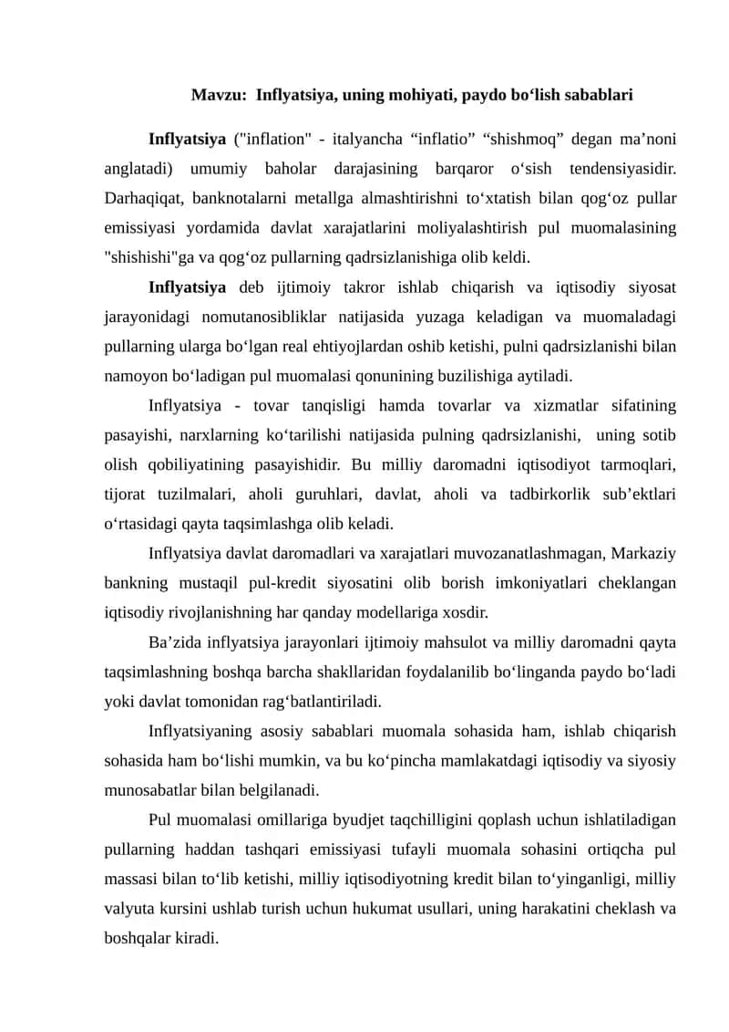 Inflyatsiya, uning mohiyati, paydo bo‘lish sabablari 1