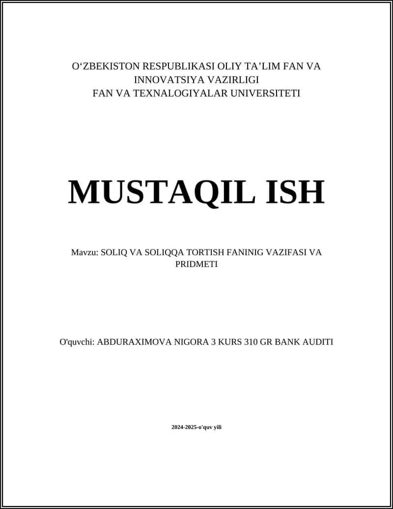 SOLIQ VA SOLIQQA TORTISH FANINING VAZIFASI VA PRIDMETI 1