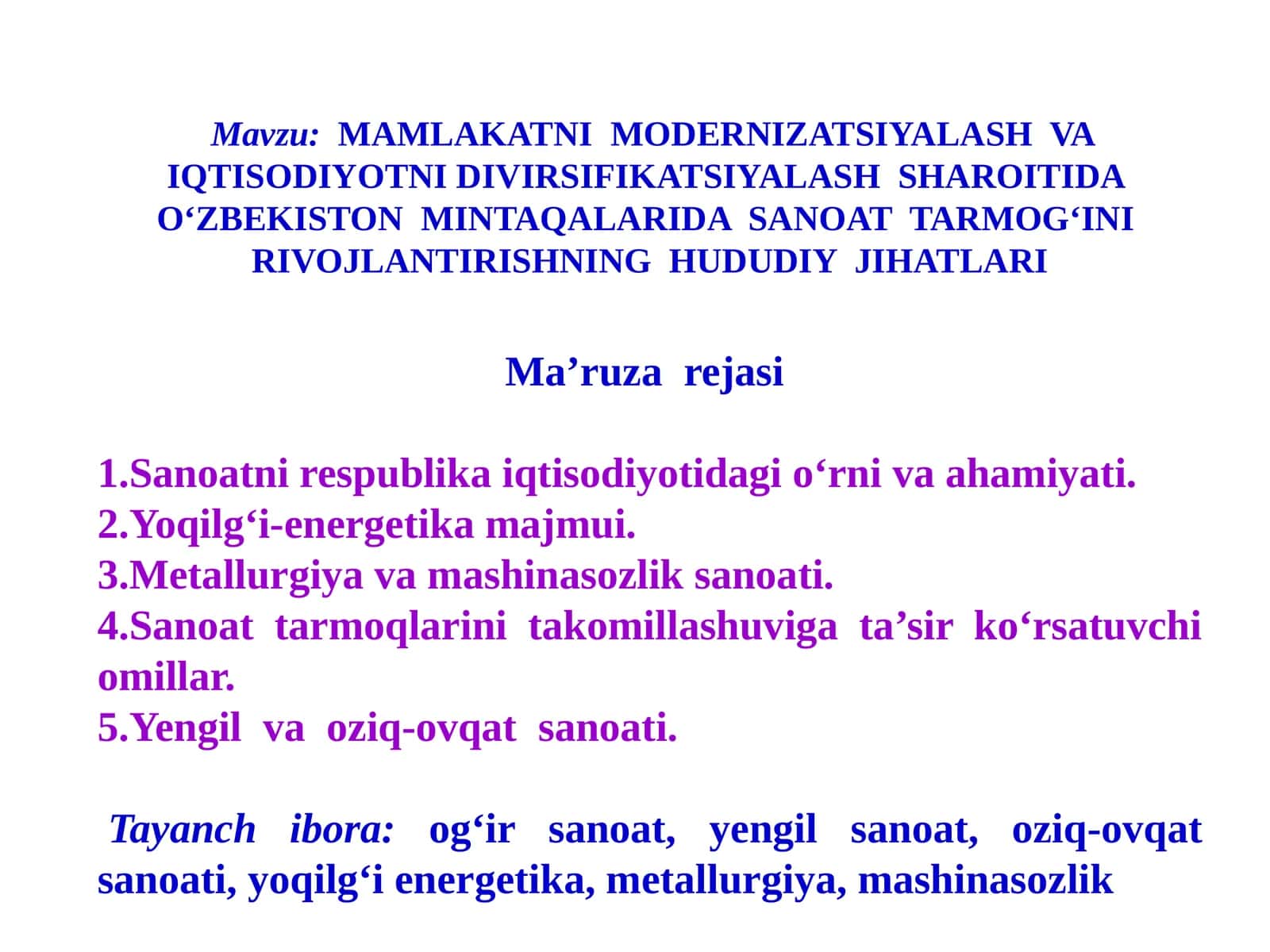 MAMLAKATNIMODERNIZATSIYALASH VA IQTISODIYOTNI DIVIRSIFIKATSIYALASH SHAROITIDA О‘ZBEKISTON MINTAQALARIDA SANOAT TARMOG‘INI RIVOJLANTIRISHNING HUDUDIY JIHATLARI 1