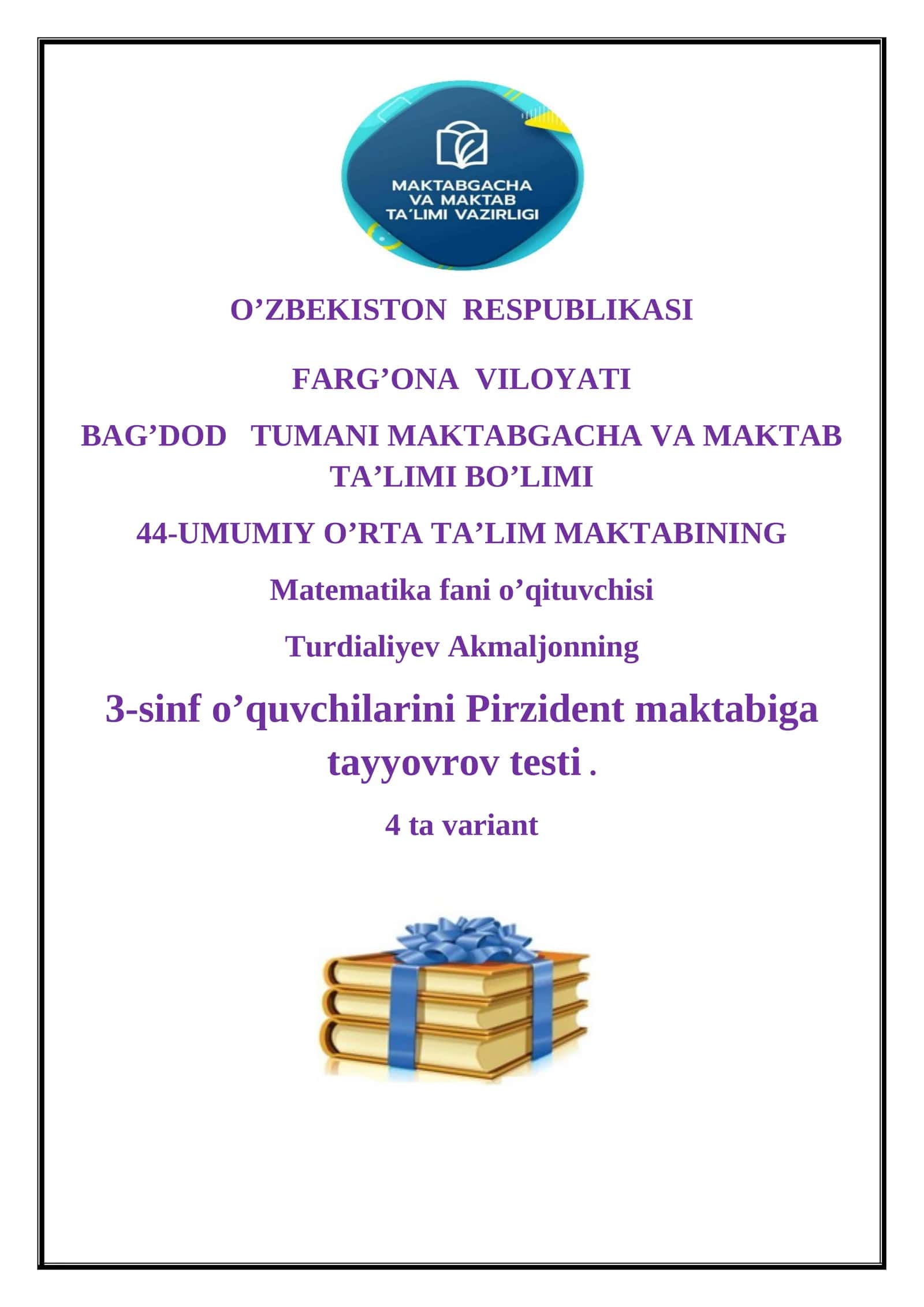 3-SINMATEMATIKA FANIDAN  CHORAK UCHUN TESTI 1