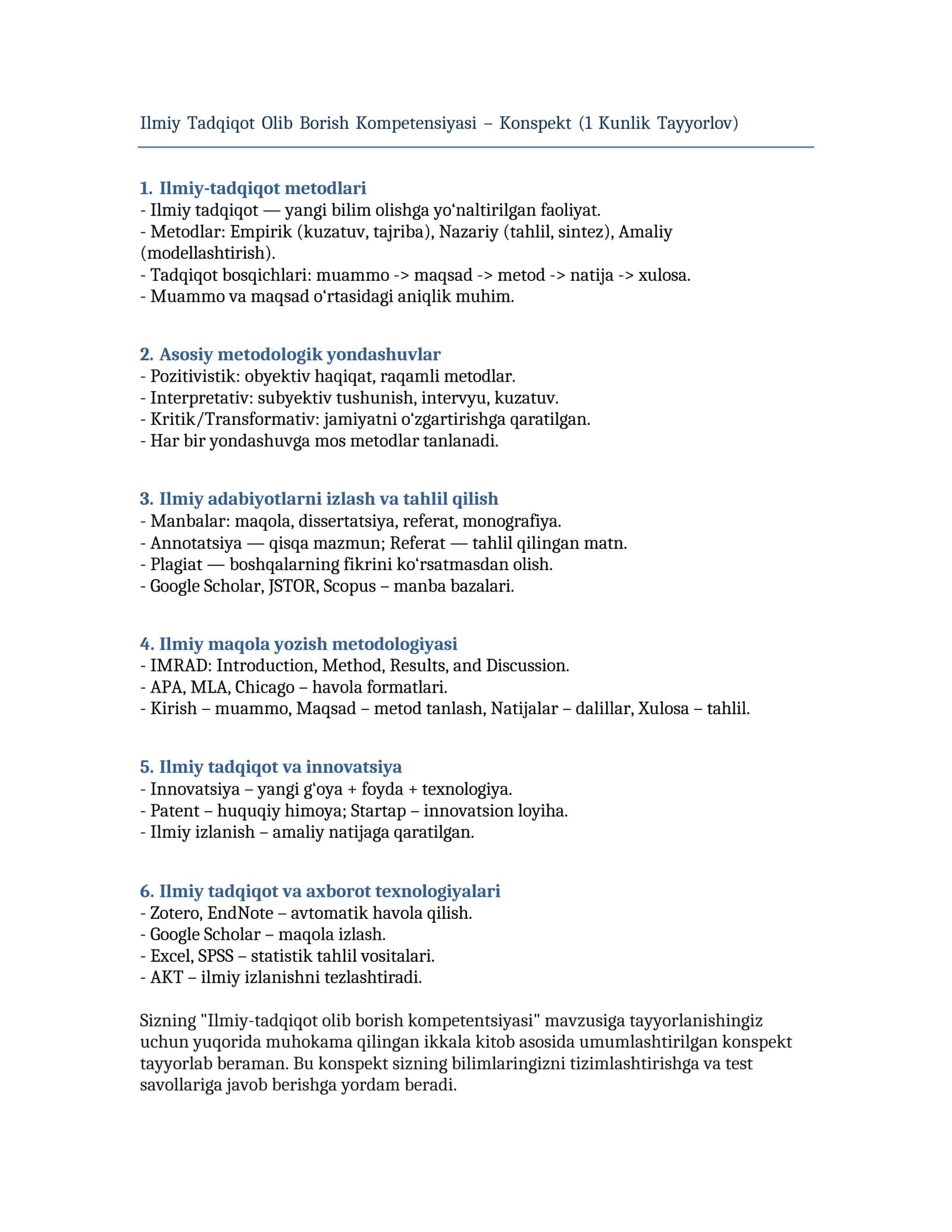 Ilmiy Tadqiqot Olib Borish Kompetensiyasi – Konspekt (1 Kunlik Tayyorlov) 1