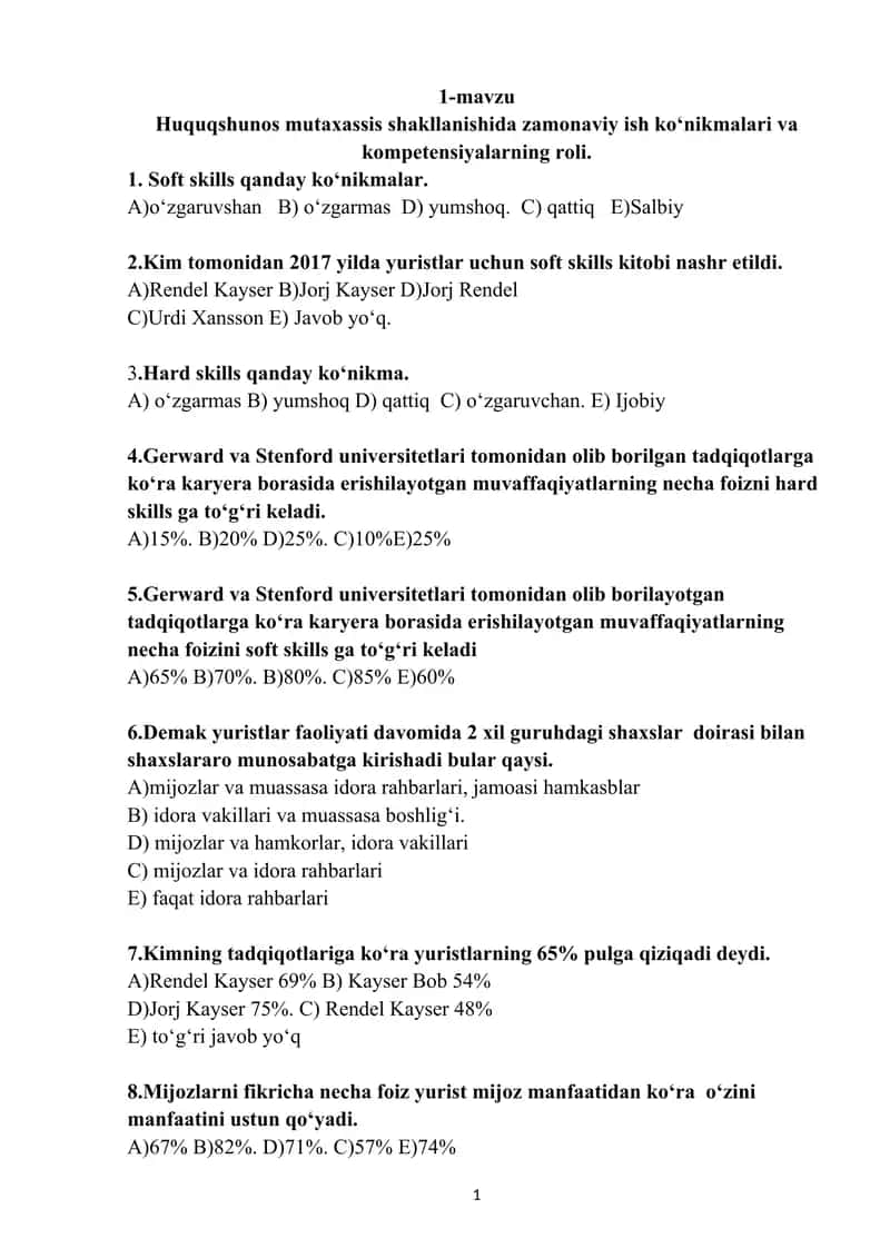 Huquqiy koʻnikmalar va metadalogiyadan mavzularidan test 120 ta 1