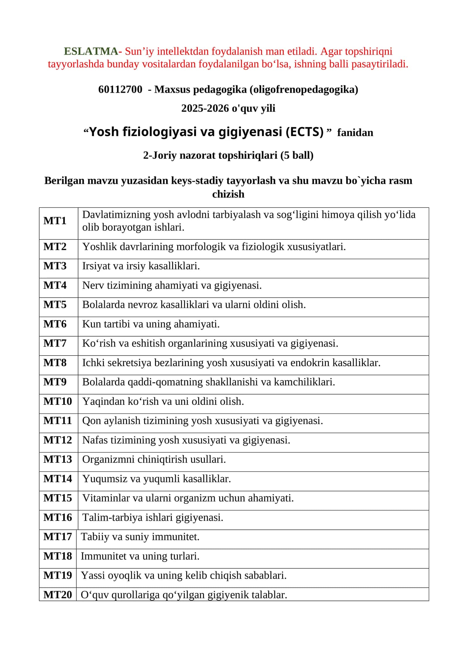 Yosh fiziologiyasi va gigiyenasi (ECTS) 1