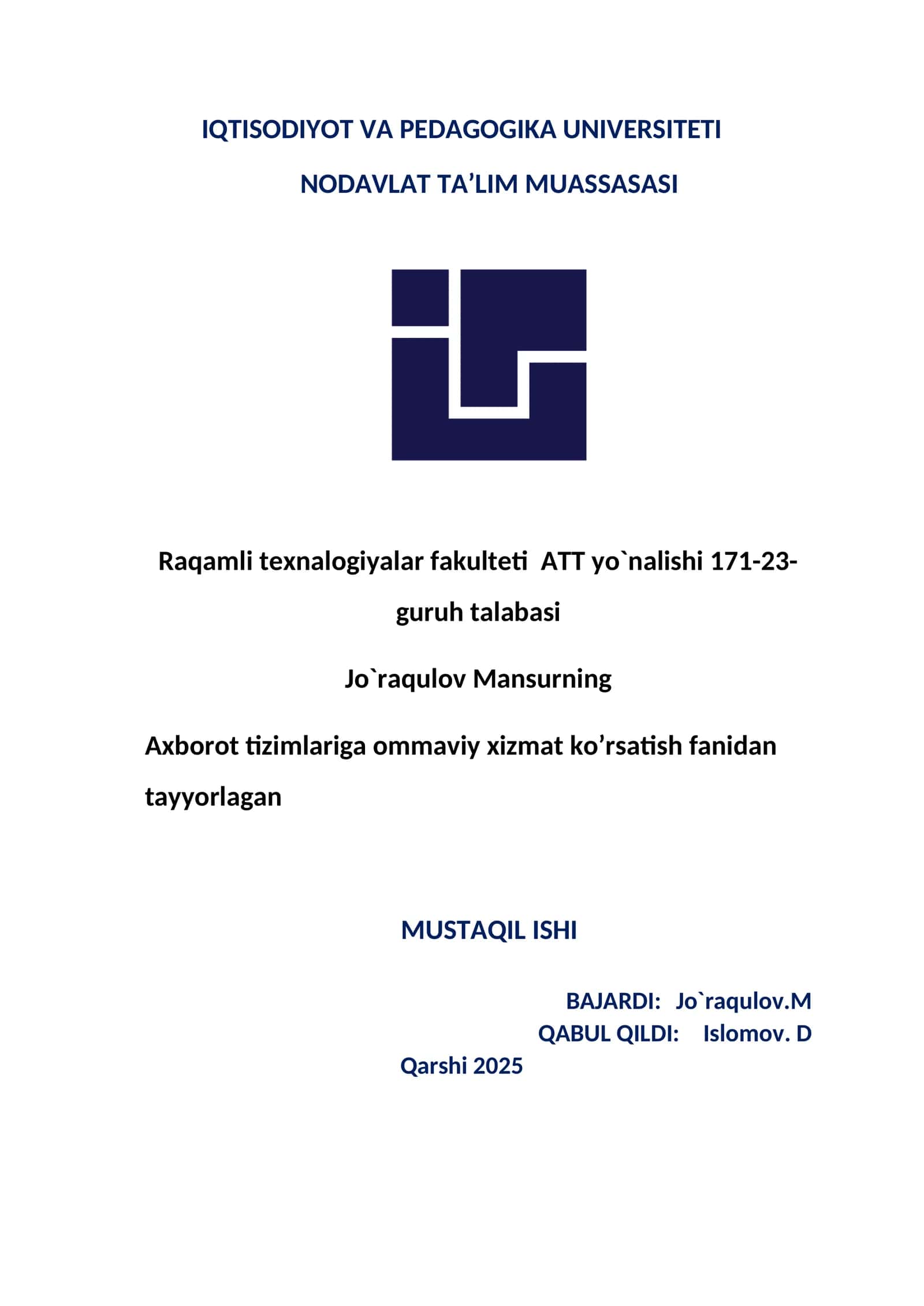 Xizmat ko‘rsatish tizimlarini modellashtirish va simulyatsiya qilish 1