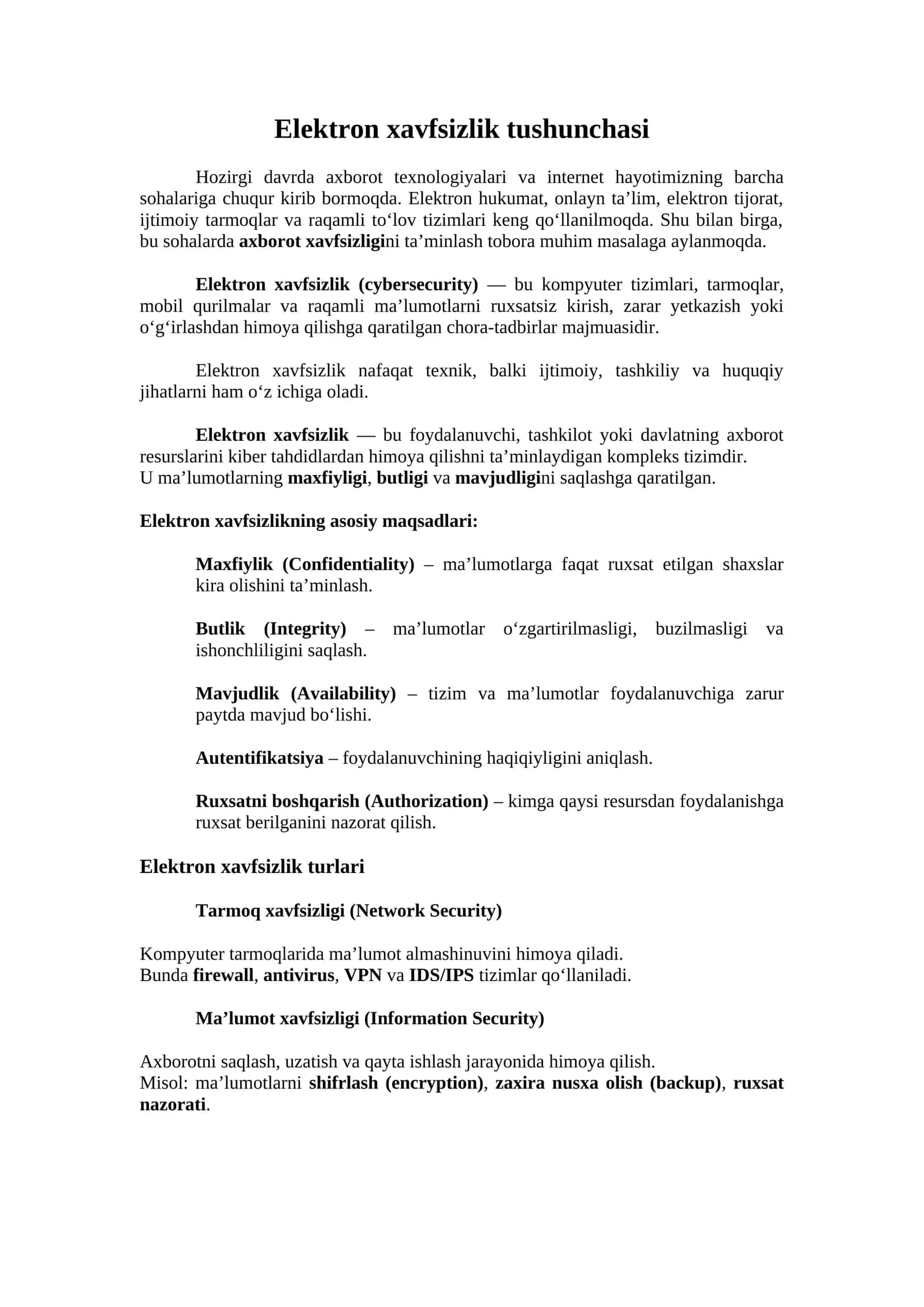 Elektron xavfsizlik tushunchasi 1