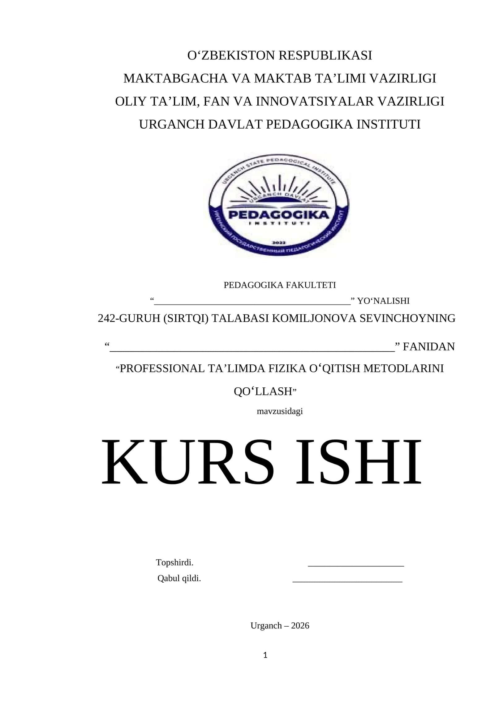"PROFESSIONAL TA’LIMDA FIZIKA OʻQITISH METODLARINI QOʻLLASH" 1