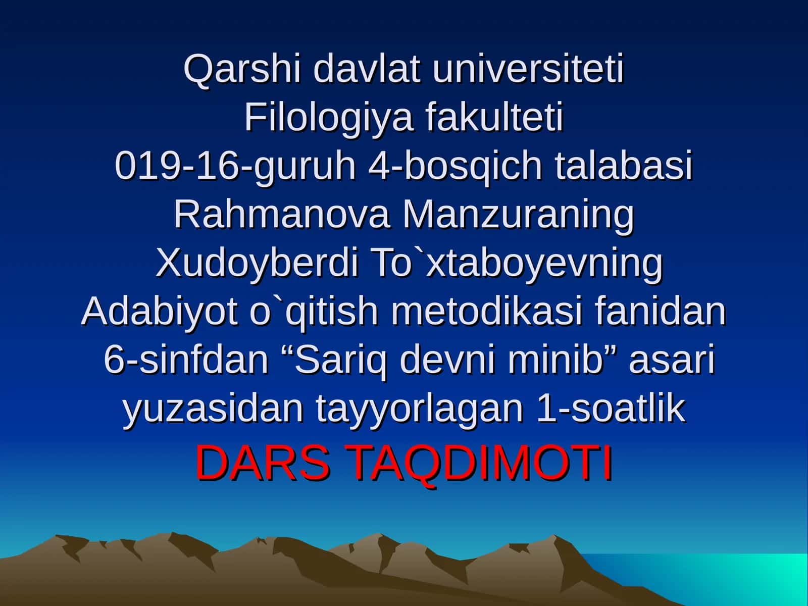 Adabiyot o`qitish metodikasi fanidan "Sariq devni minib" asari 1