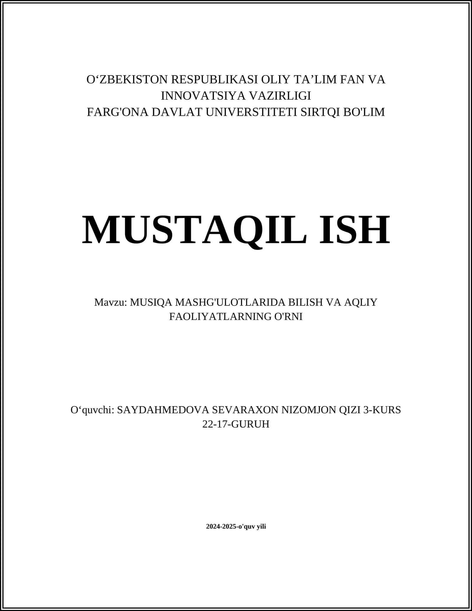 MUSIQA MASHG'ULOTLARIDA BILISH VA AQLIY FAOLIYATLARNING O'RNI 1
