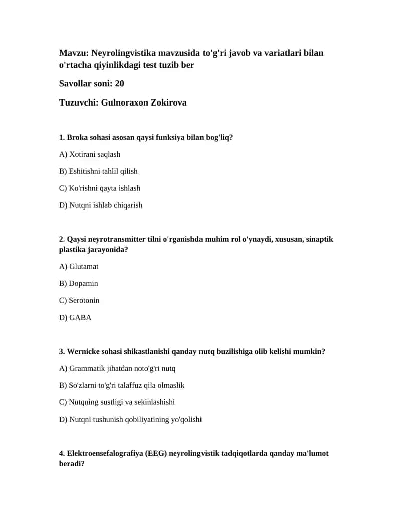 Neyrolingvistika test javoblari 1