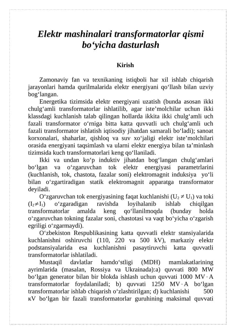 Elektr mashinalari transformatorlar bo'yicha dasturlash 1
