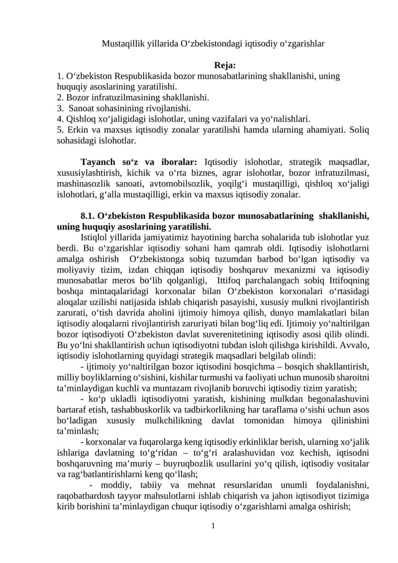 Mustaqillik yillarida O‘zbekistondagi iqtisodiy o‘zgarishlar 1
